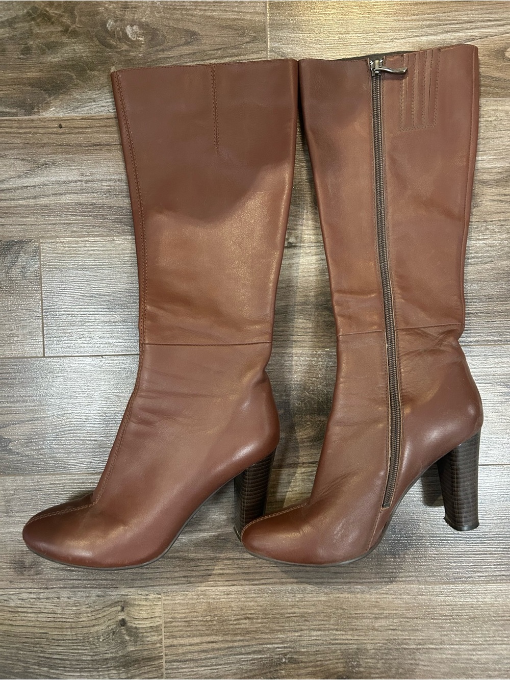 Tall Brown Leather High Heel Boots with Side Zip